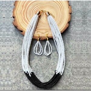 Black and White Multilayer Beaded Necklace with Beaded White Drop Earrings